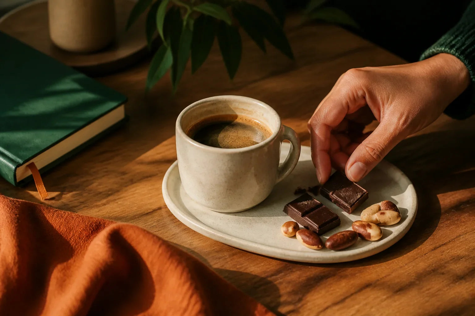 Pessoa pegando chocolate amargo ao lado de café e castanhas.