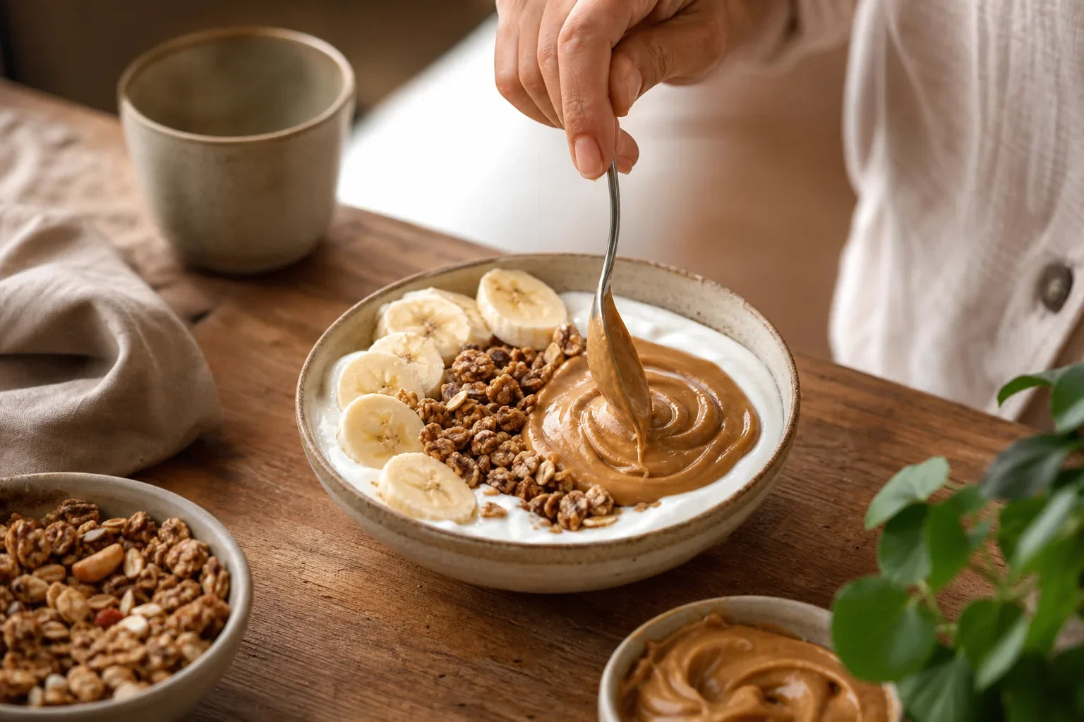 Pessoa finalizando bowl de iogurte, banana, granola e pasta de amendoim.