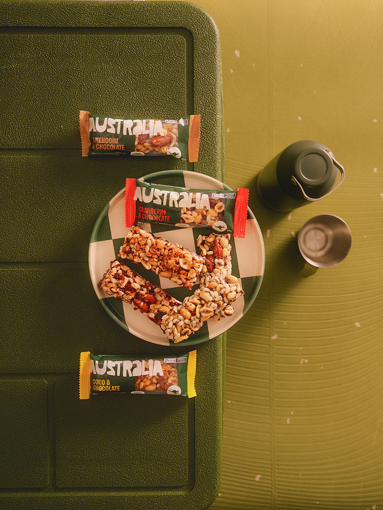 Família de barrinhas Nuts AUSTRALIA em composição vertical.