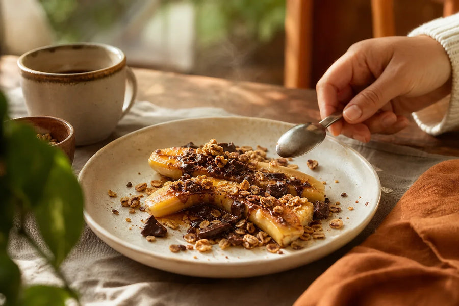 Banana quente com granola e chocolate em prato de cerâmica.