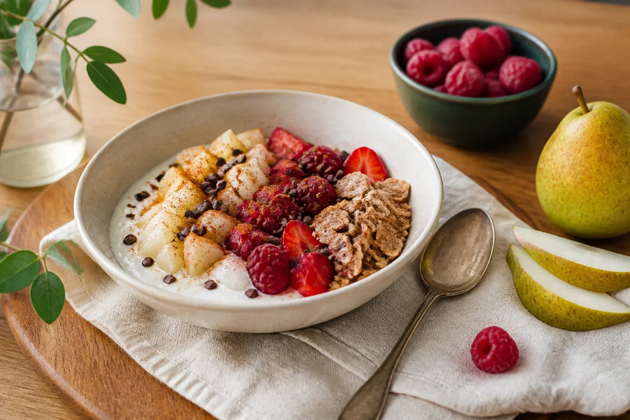 Tigela de iogurte com pera, frutas vermelhas, cacau e cereal.