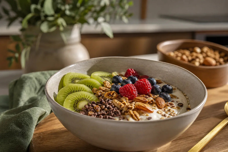 Bowl com iogurte, kiwi, frutas vermelhas, castanhas e cereal.