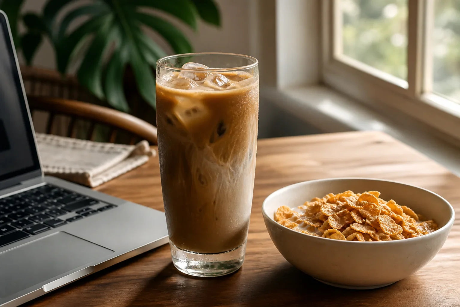 Cappuccino gelado ao lado de tigela de cereal em mesa de trabalho.