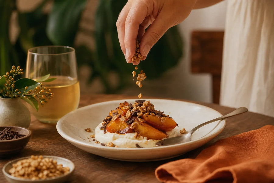 Pessoa adicionando granola a sobremesa com fruta quente e creme.