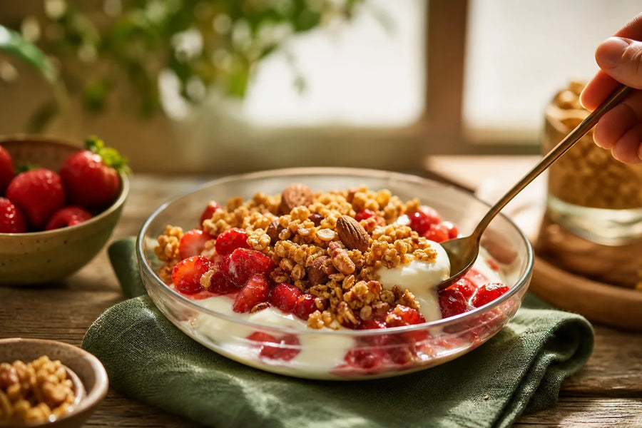 Iogurte com frutas vermelhas, granola e castanhas em tigela de vidro.