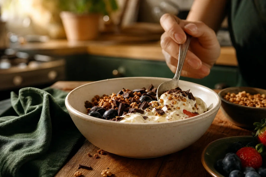 Sobremesa cremosa com frutas, chocolate e granola em tigela.