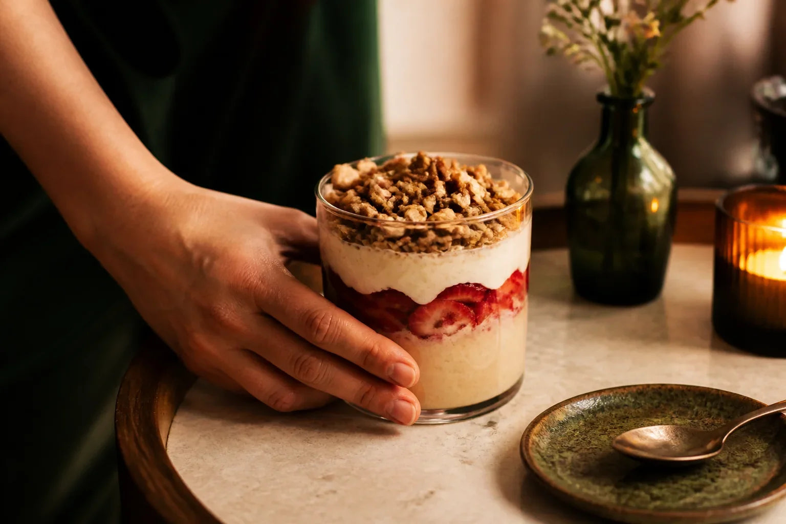 Pessoa servindo taça cremosa em camadas com morangos e granola.