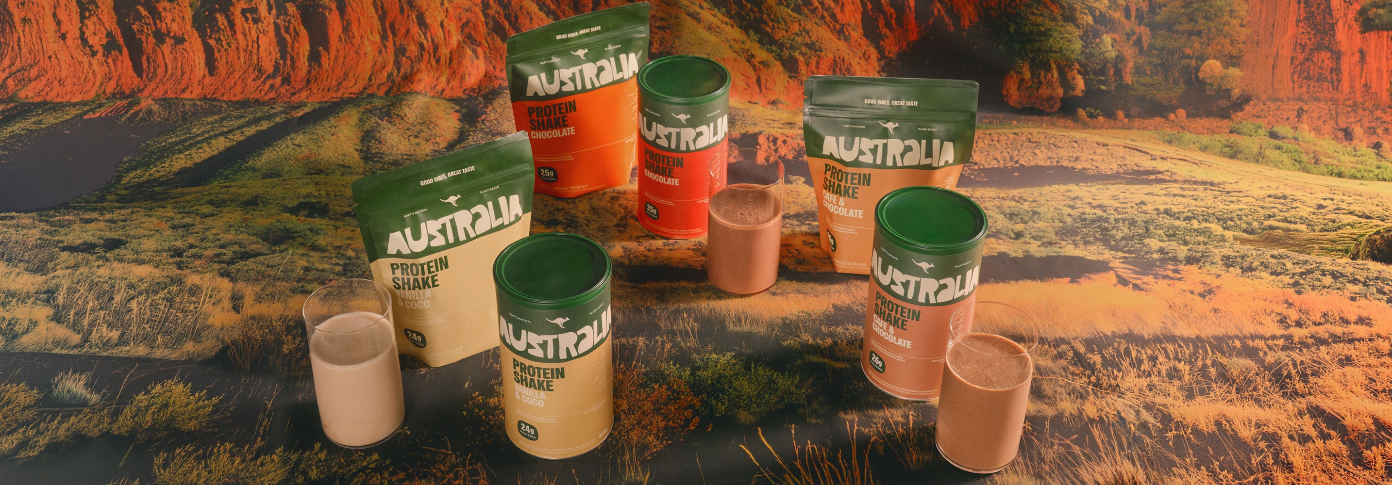 Família de shakes de proteína AUSTRALIA em composição editorial.