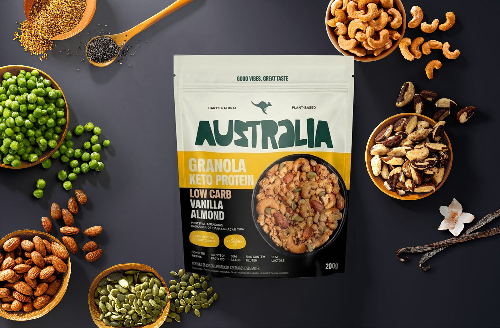 Ingredientes de Australia Granola Keto Protein Baunilha & Amêndoas