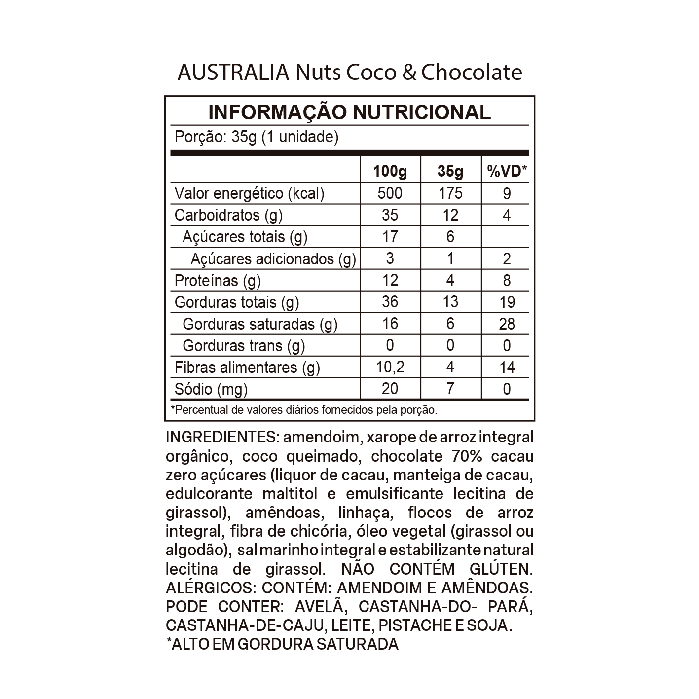 Tabela nutricional de Australia nuts coco e chocolate.