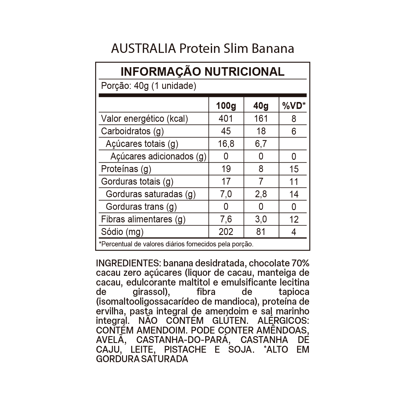 Tabela nutricional de AUSTRALIA Protein Slim Banana.