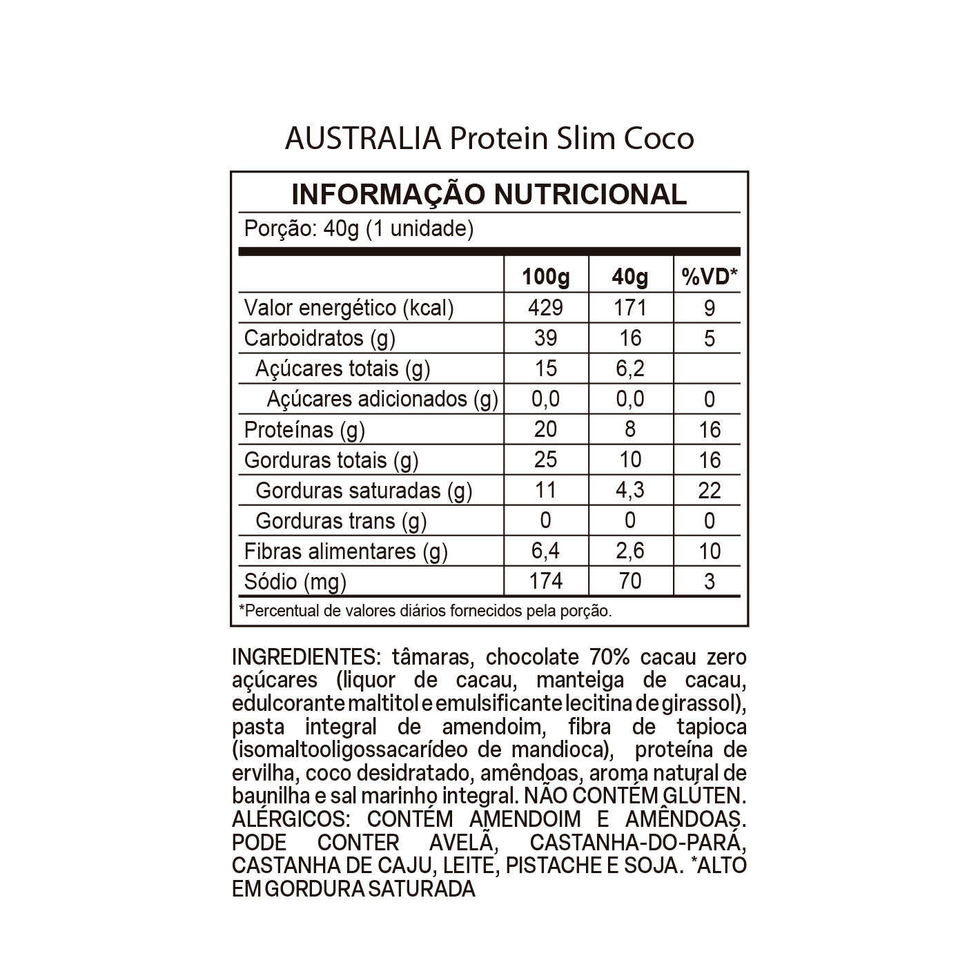 Tabela nutricional de Australia Protein Slim Coco.