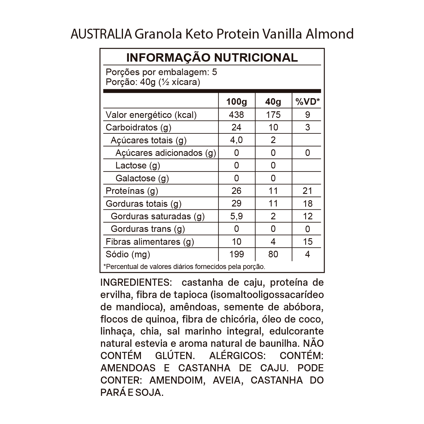 Tabela nutricional de Australia Granola KETO Protein Vanilla Almond.