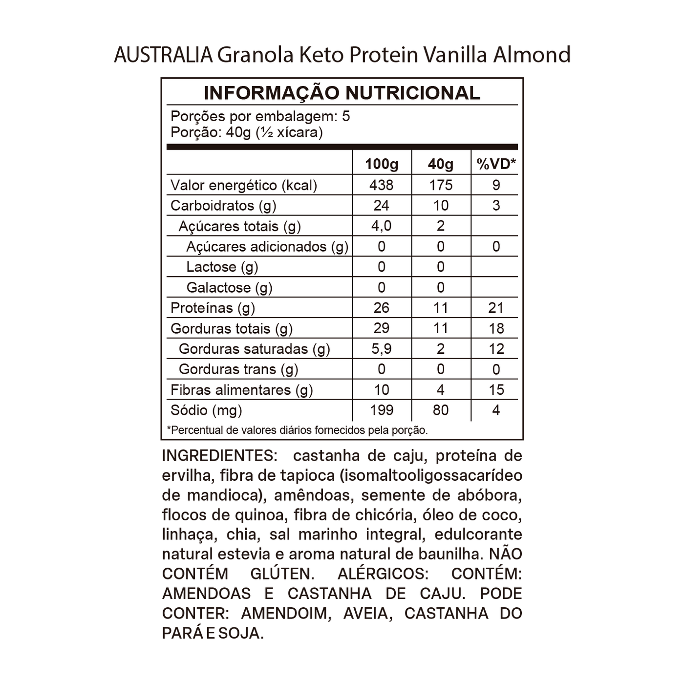 Tabela nutricional de Australia Granola Keto Protein Baunilha & Amêndoas
