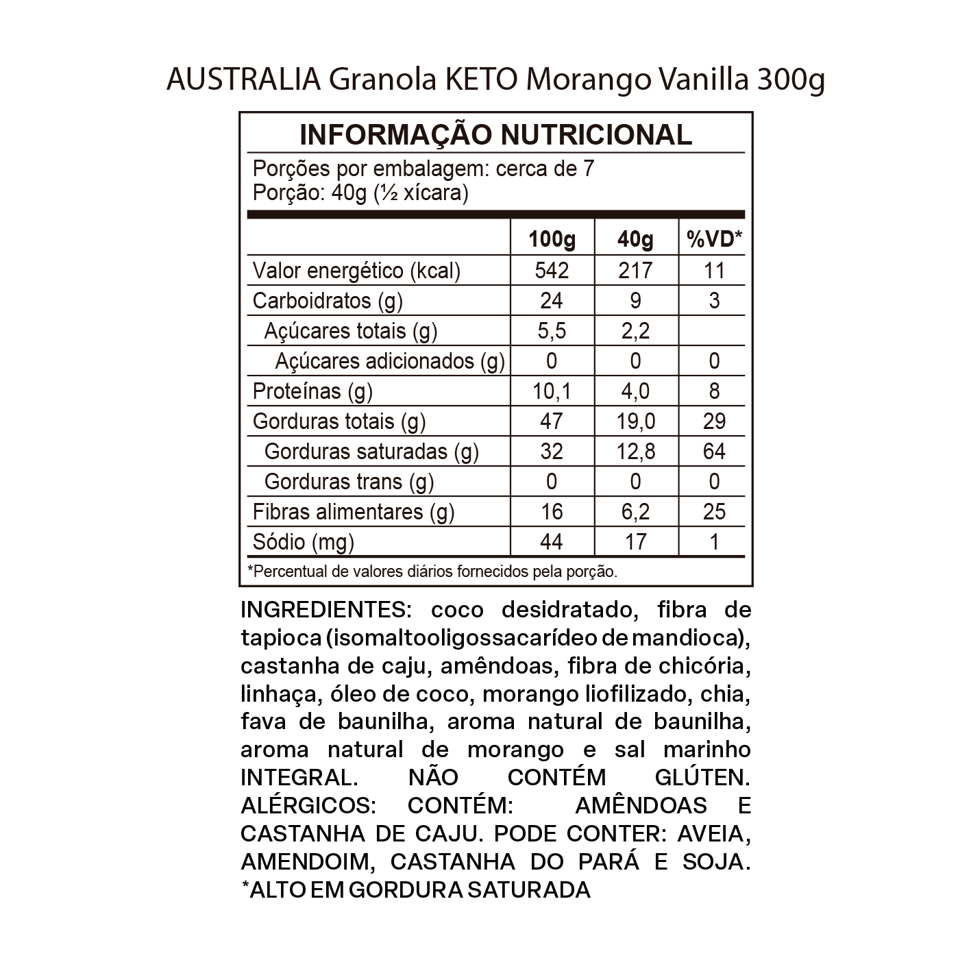 Tabela nutricional de Australia Granola KETO Morango Vanilla
