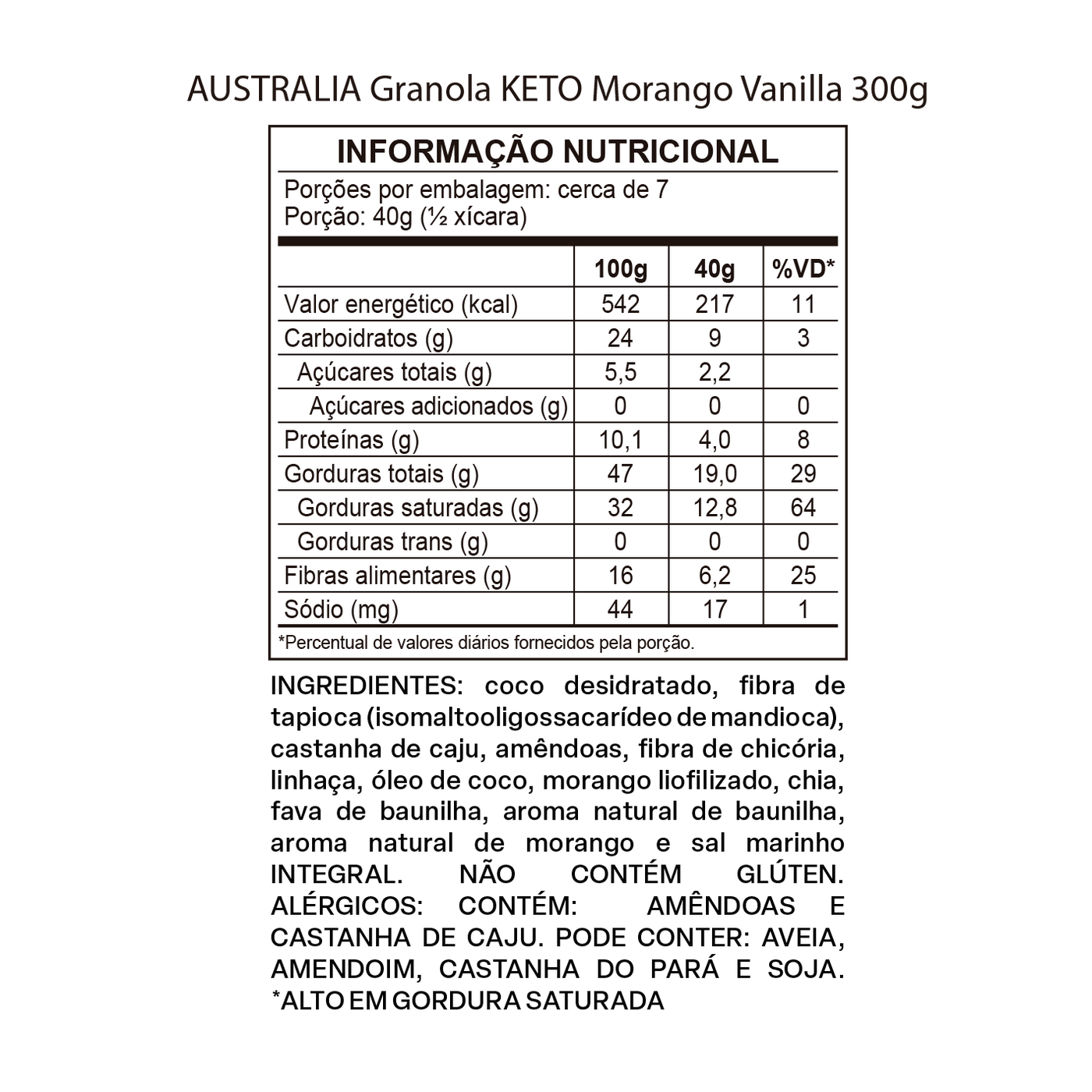 Tabela nutricional de Australia Granola Keto Morango & Baunilha