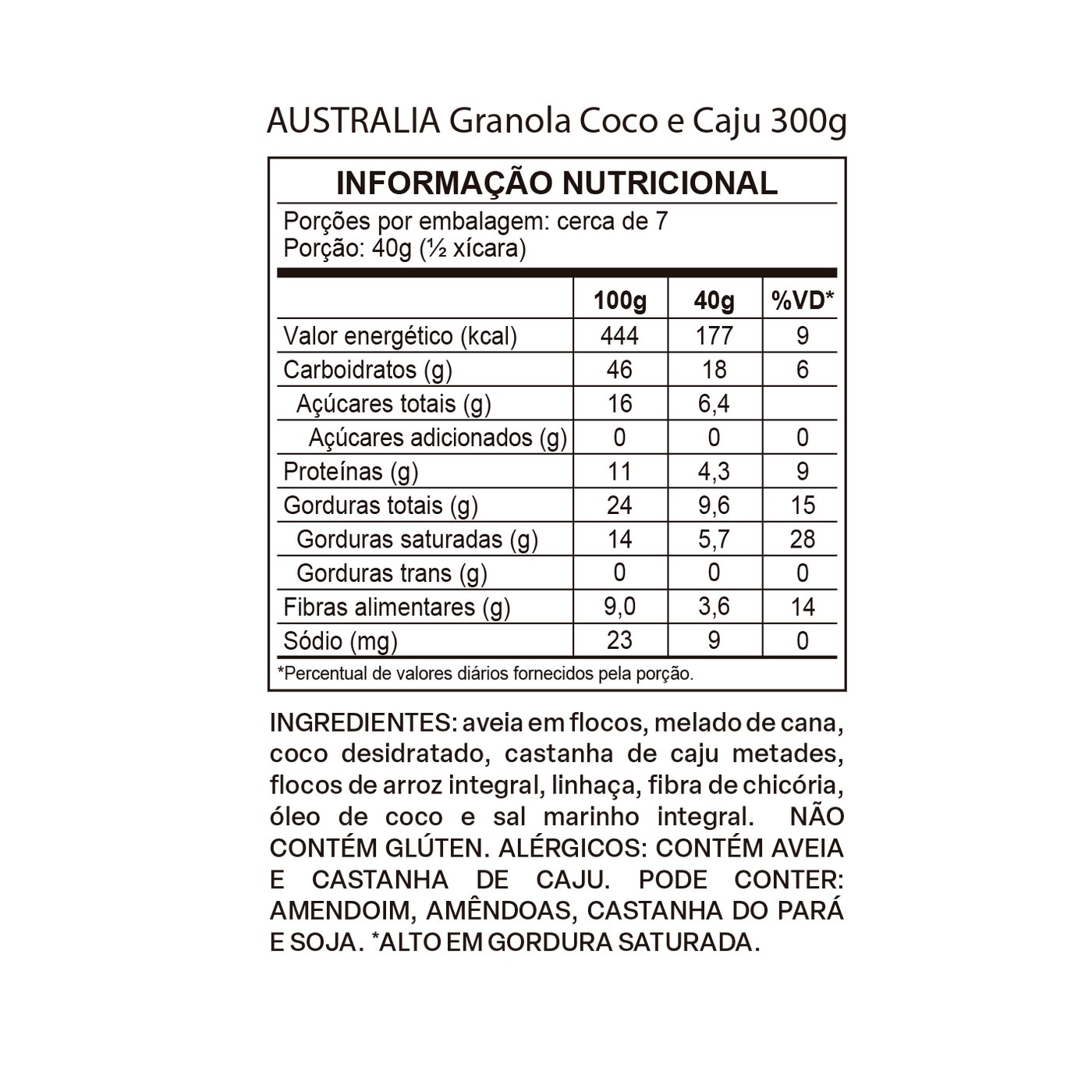 Tabela nutricional de Australia Granola Coco & Caju.