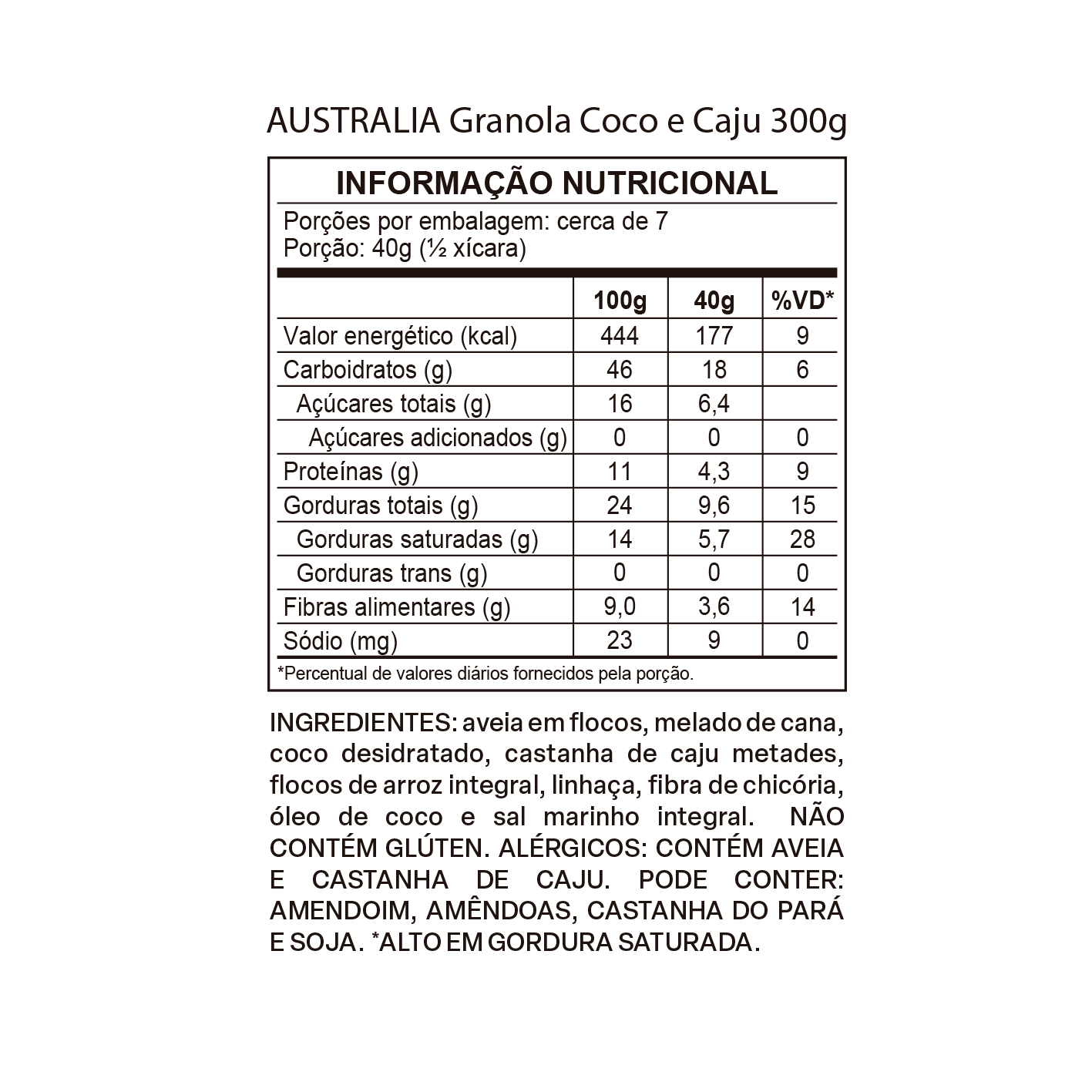 Tabela nutricional de Australia granola coco e caju.