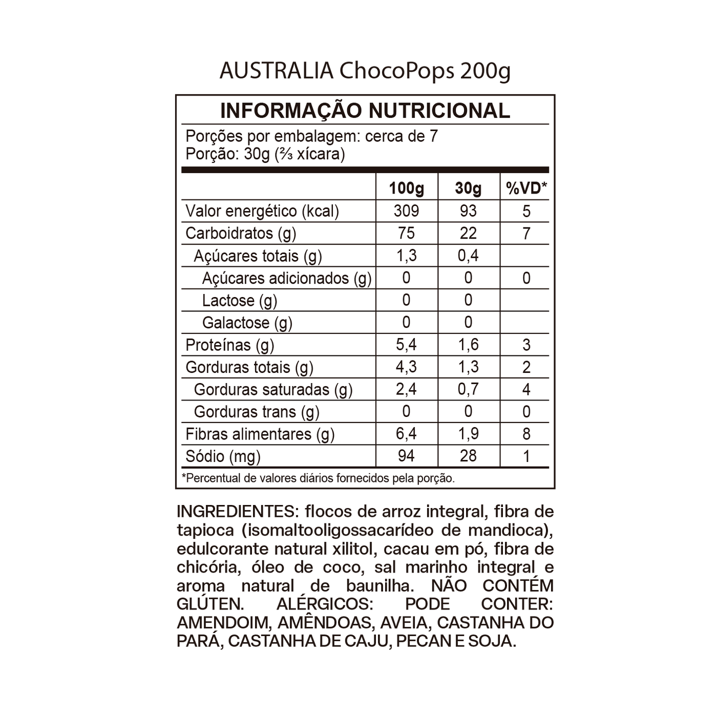 Tabela nutricional de Australia ChocoPops