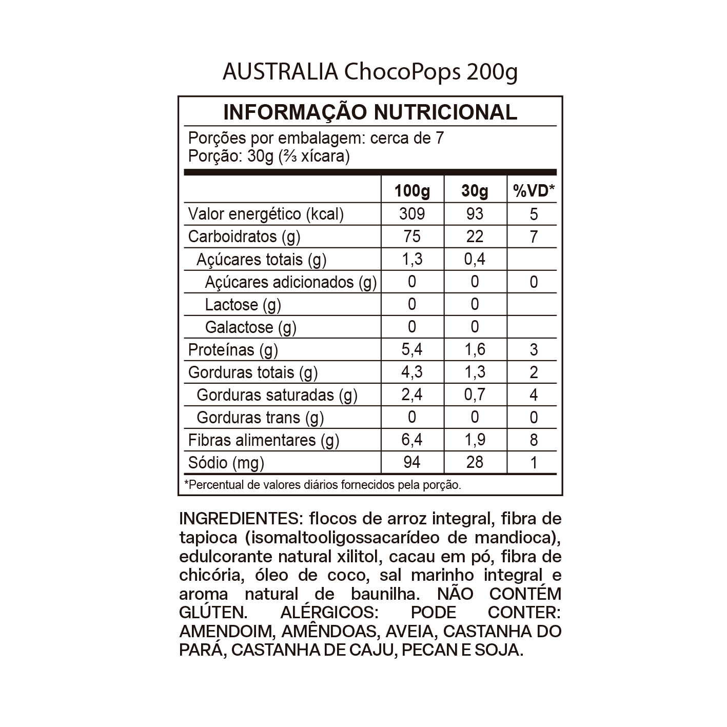 Tabela nutricional de Australia ChocoPops Chocolate.