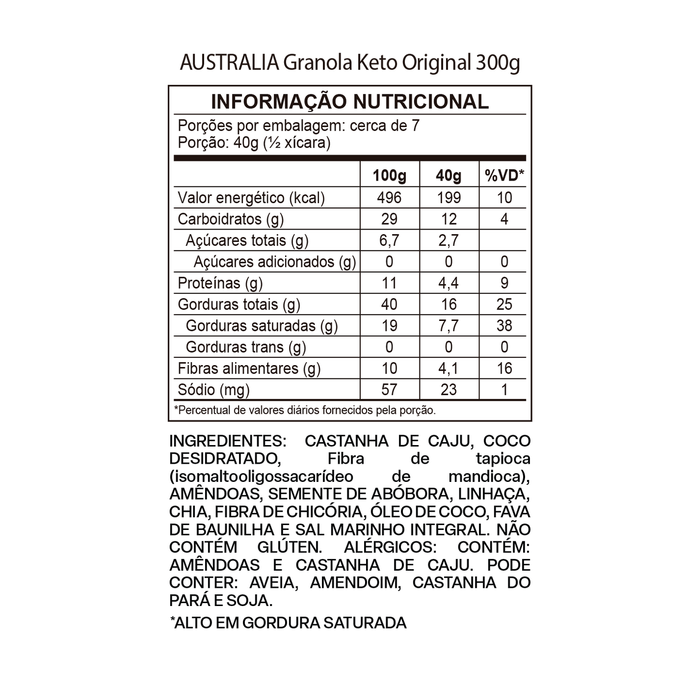 Tabela nutricional de Australia Granola Keto Original