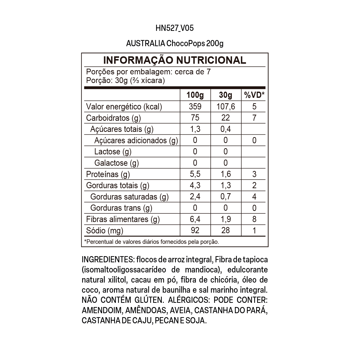 Imagem do rótulo nutricional para conferência — Australia ChocoPops