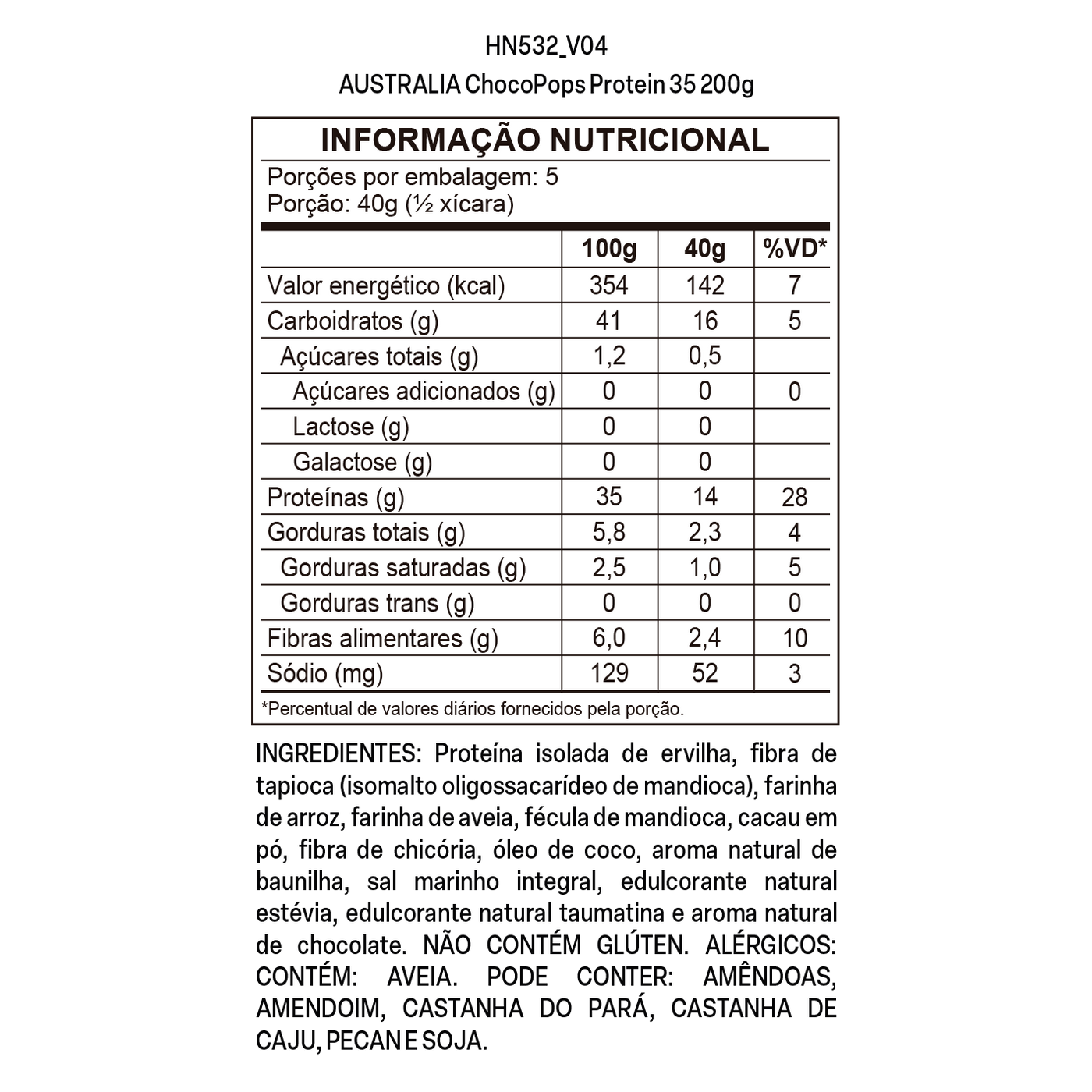 Tabela nutricional de Australia ChocoPops Protein 35
