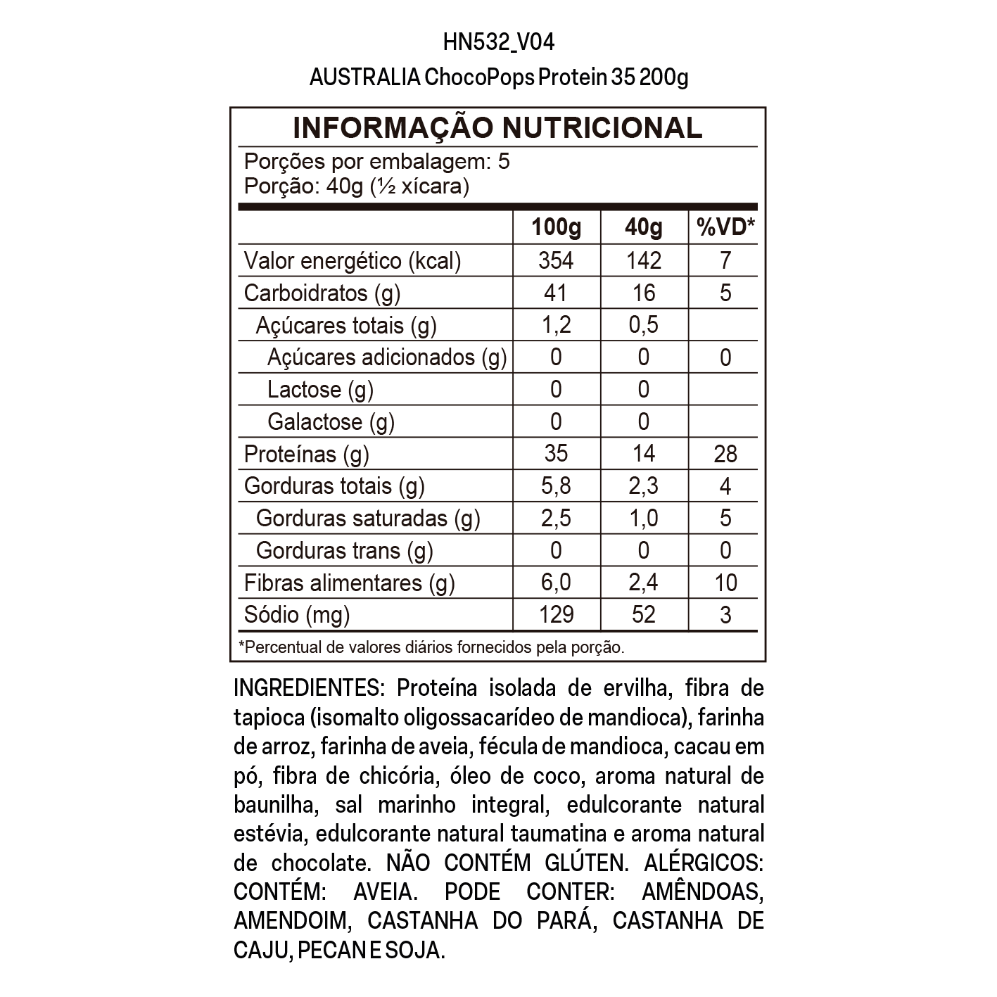 Tabela nutricional de Australia ChocoPops PROTEIN 35