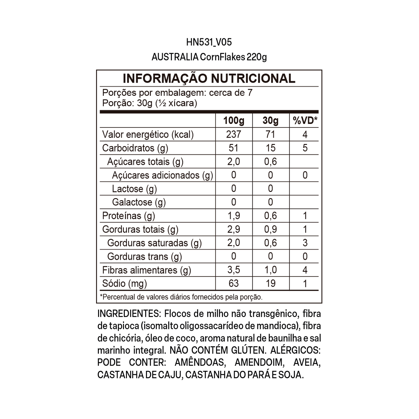 Tabela nutricional de Australia CornFlakes Vanilla
