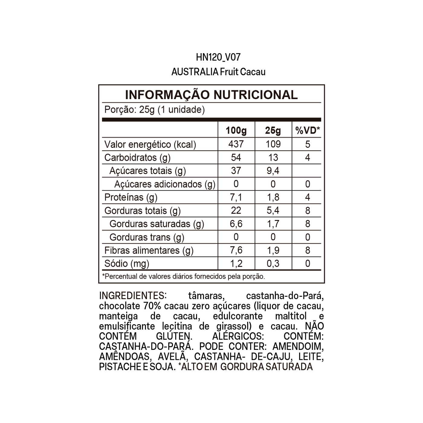 Tabela nutricional de 