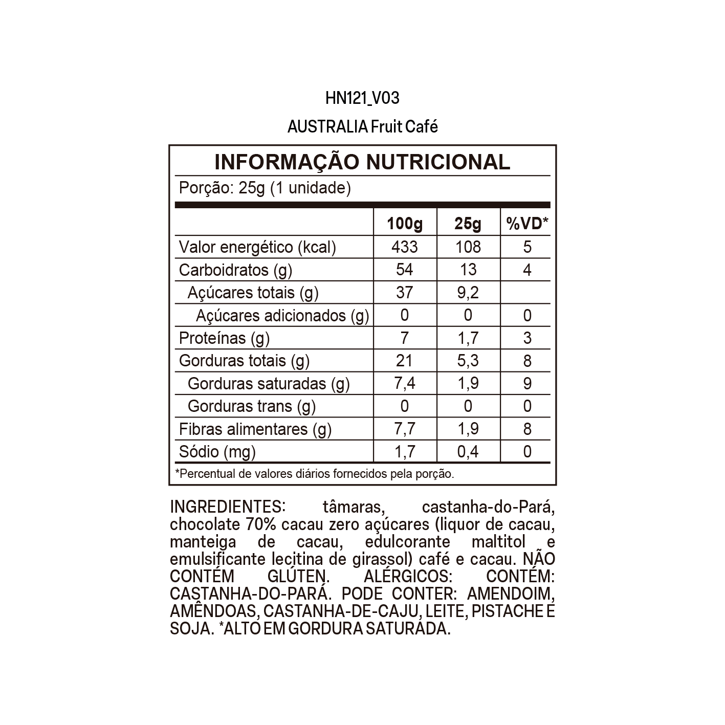 Tabela nutricional de Australia fruit café.