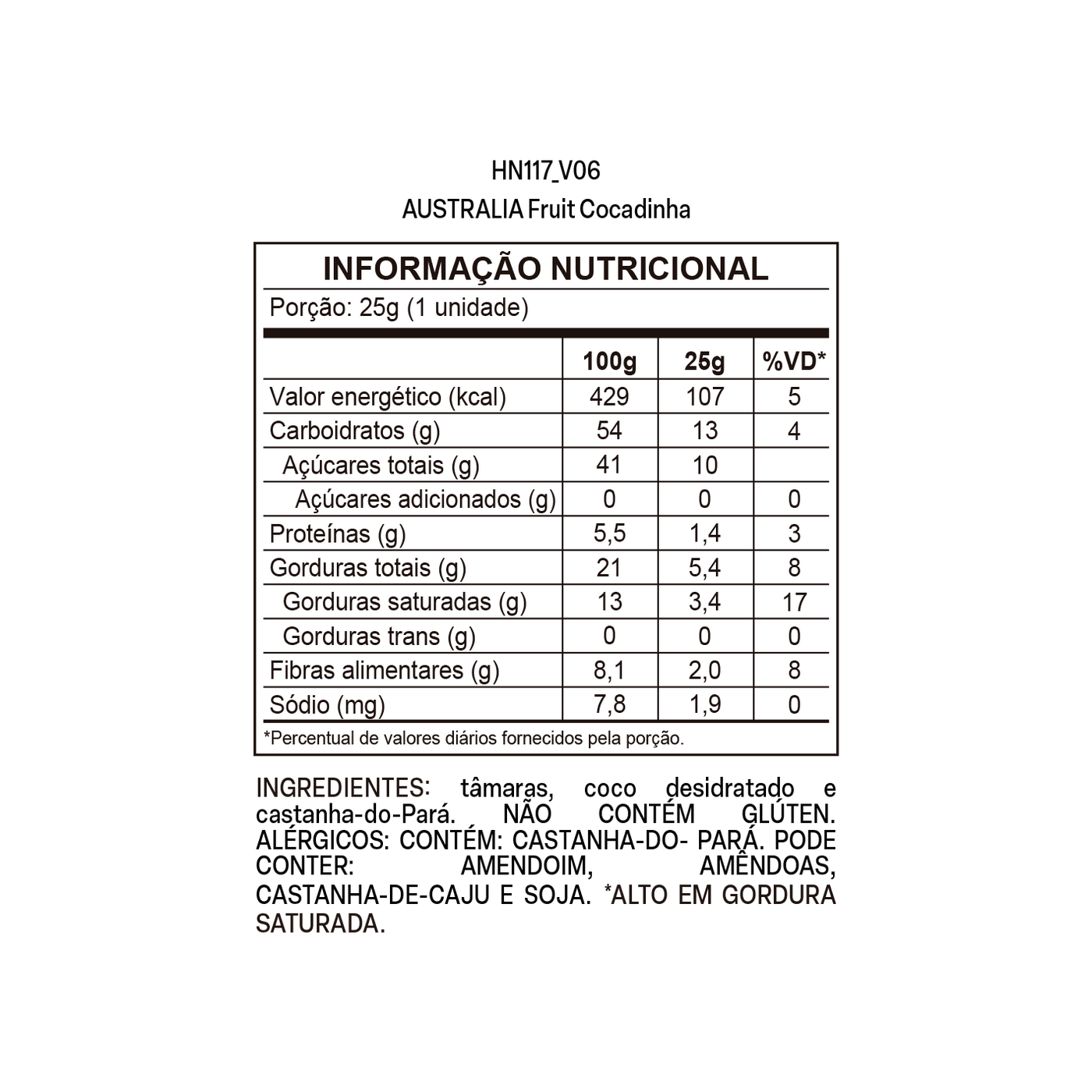 Tabela nutricional de 