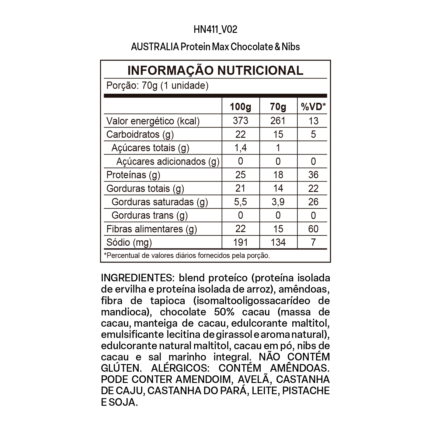 Imagem do rótulo nutricional para conferência — Australia Protein Max Chocolate & Nibs