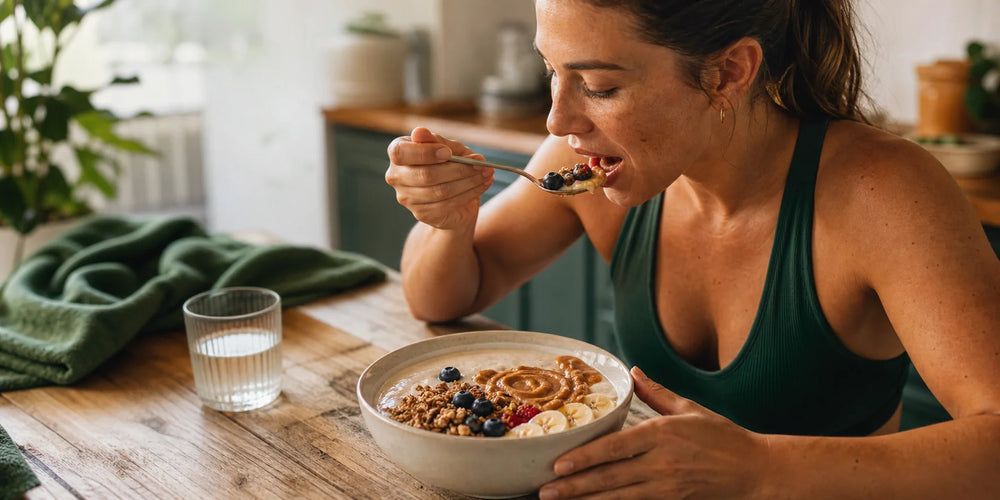 Pessoa com roupa esportiva comendo um bowl proteico com granola