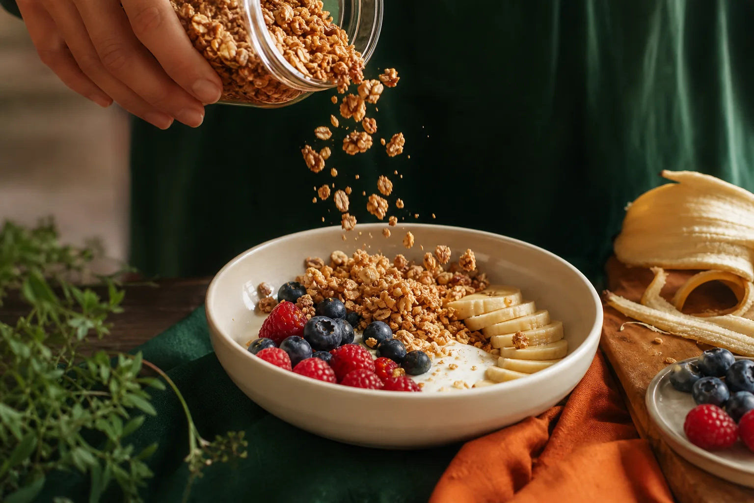 Granola crocante servida sobre uma tigela com banana e frutas vermelhas