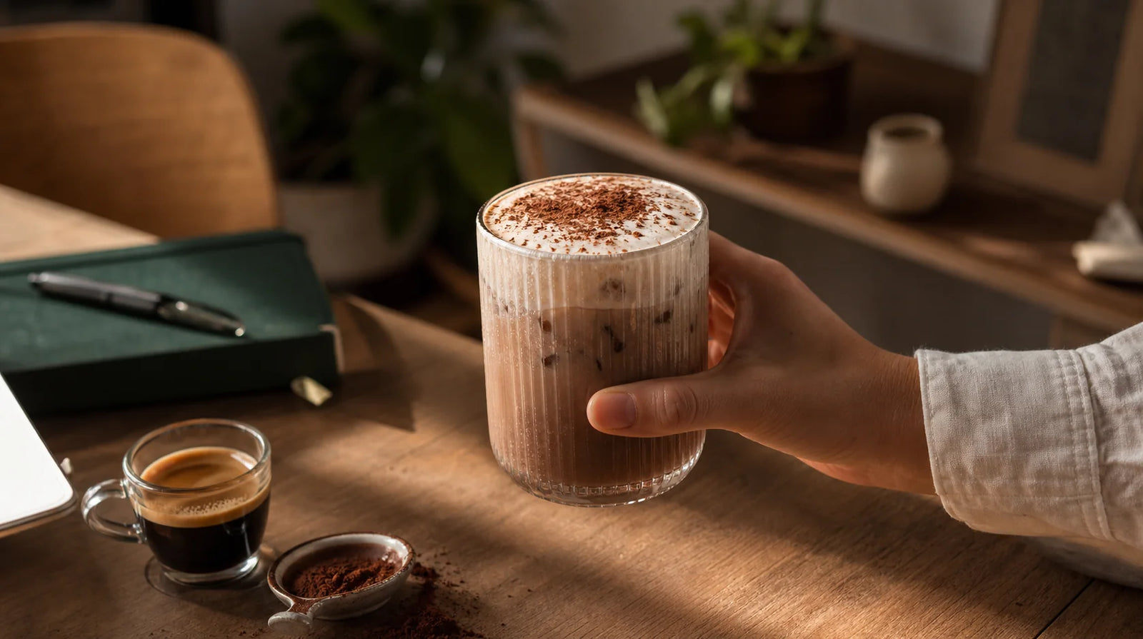 Shake gelado de café e cacau sobre uma mesa com xícara de espresso