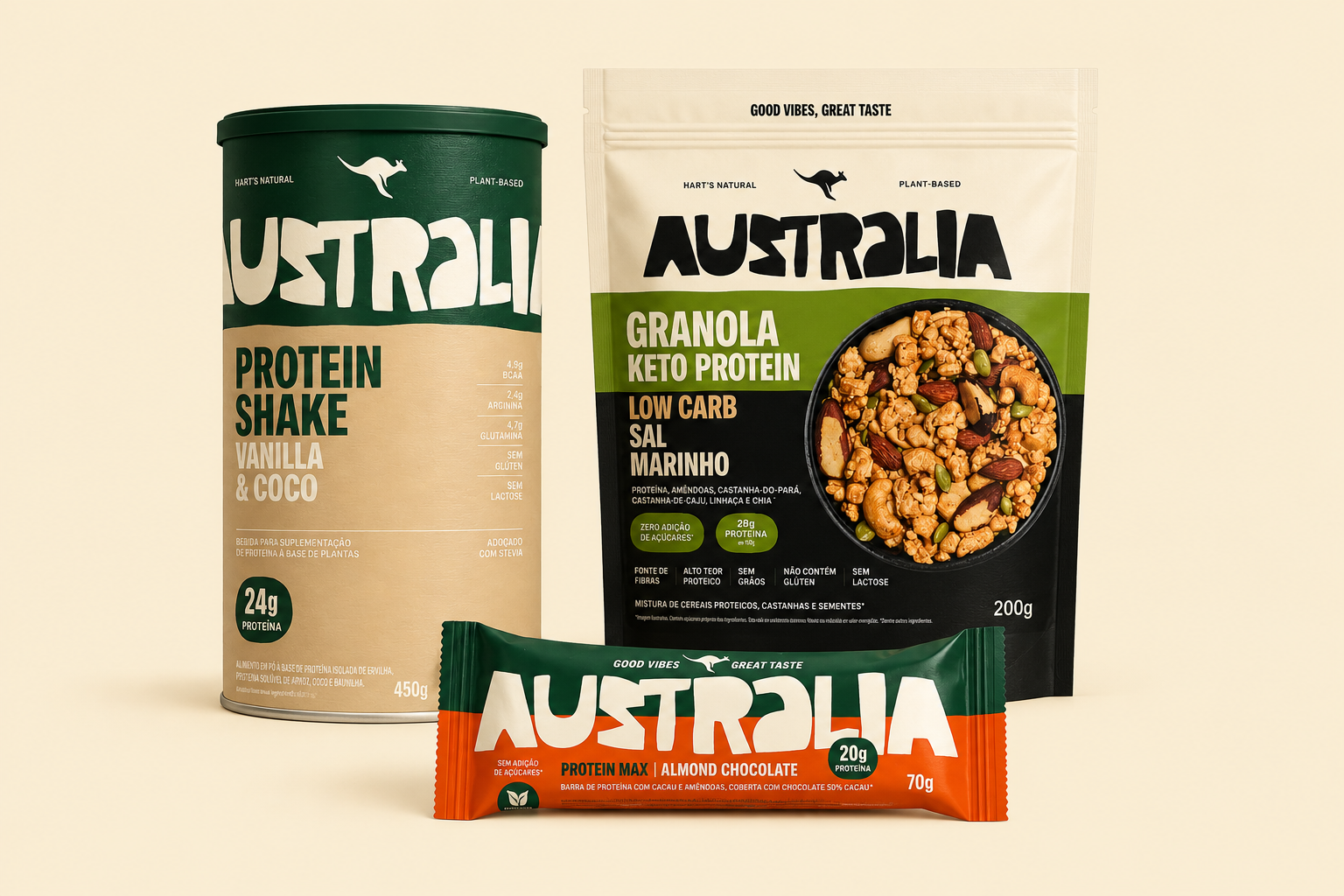 Kit Proteína Dia Longo com shake Baunilha & Coco, Granola Keto Protein Sal Marinho e Protein Max Amêndoa & Chocolate.